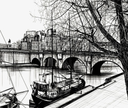 桥梁小河船手绘线描背景画素材