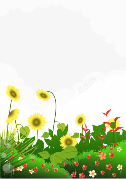 翠绿的草丛卡通手绘花朵向日葵草丛白云高清图片