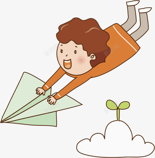 被纸飞机带飞的孩子png免抠素材_新图网 https://ixintu.com 卡通 孩子 开心 手绘 橙色 白云 纸飞机 纸飞机图案 绿芽