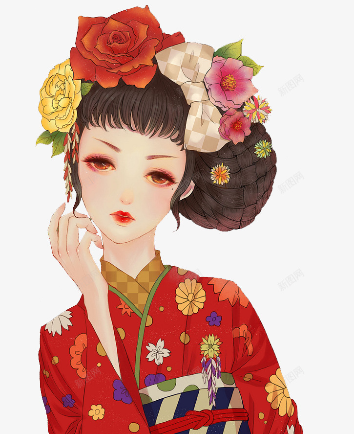 头戴花环的和服姑娘png免抠素材_新图网 https://ixintu.com 头戴花环 女孩 手绘 红色