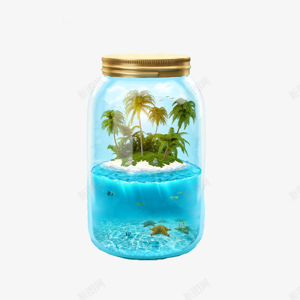 瓶子海滩png免抠素材_新图网 https://ixintu.com 创意广告素材 岛屿 旅游装饰元素 瓶子海滩 蓝天白云