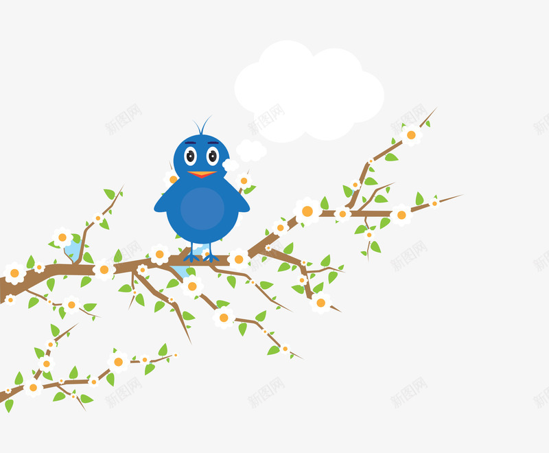 树上的蓝色小鸟矢量图ai免抠素材_新图网 https://ixintu.com 开花 树上 树枝 花朵 鸟 矢量图