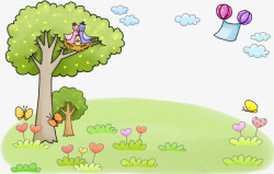 大树热气球卡通大树上的小鸟高清图片