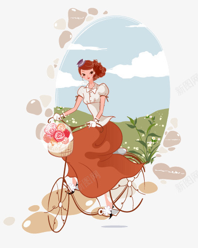 骑单车的美丽女郎矢量图ai免抠素材_新图网 https://ixintu.com 自行车女子郊外花卉夏季云朵花丛美女 矢量图