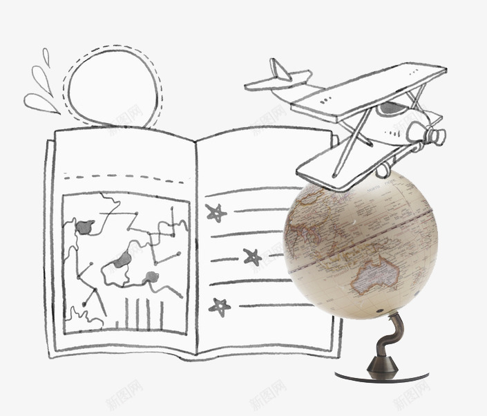 手绘简洁线稿书本飞机地球仪png免抠素材_新图网 https://ixintu.com 平面手绘 手绘的书本 手绘的飞机 真实的地球仪