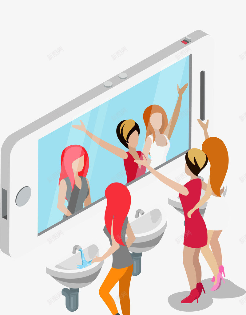 智能手机png免抠素材_新图网 https://ixintu.com 卡通美女 智能手机 照镜子 照镜子女生