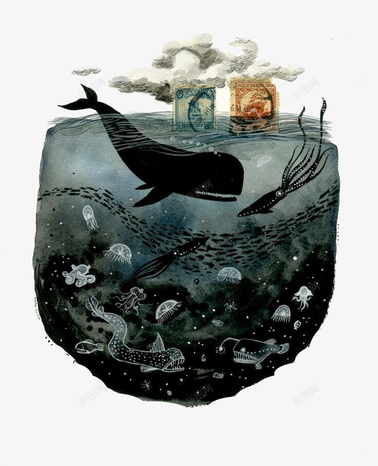 海洋里的鲸鱼等生物与天空白云png免抠素材_新图网 https://ixintu.com 海洋 白云 鲸鱼 黑色