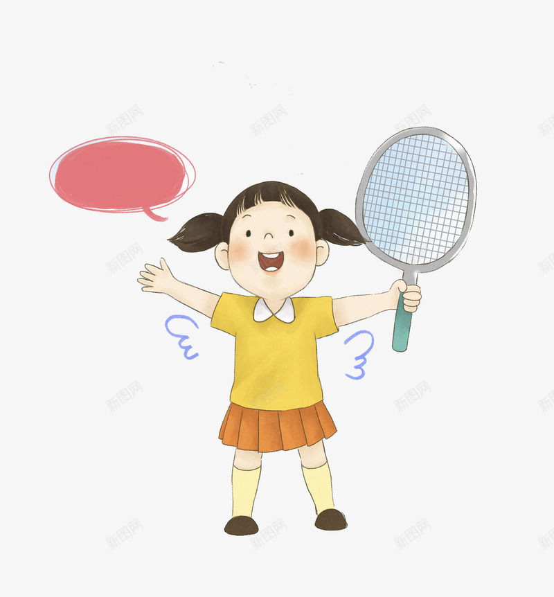 运动女孩png免抠素材_新图网 https://ixintu.com 可爱 女孩 手绘 欢呼 粉色对话框 网球拍 翅膀 黄色衣服