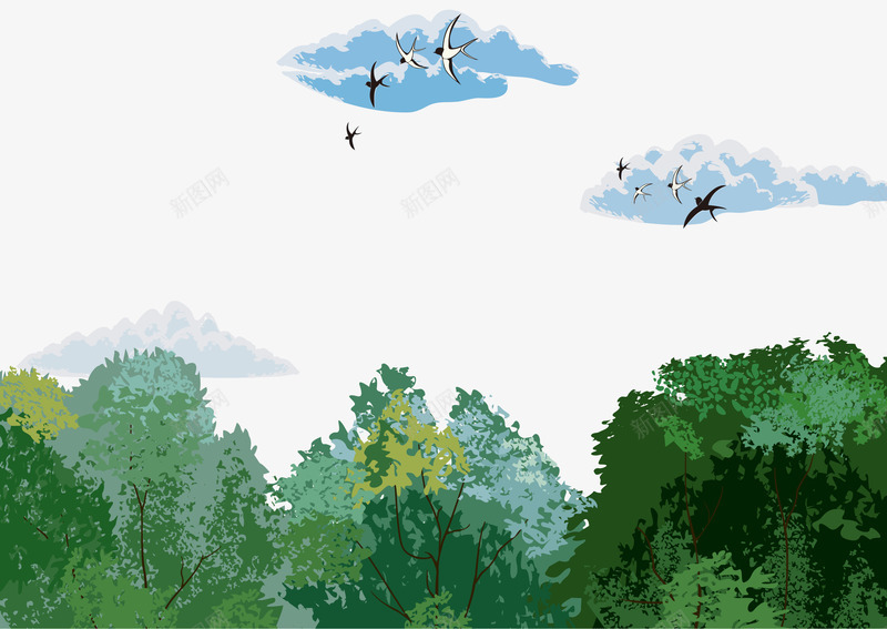卡通手绘绿色森林白云飞鸟png免抠素材_新图网 https://ixintu.com 卡通的风景 手绘的森林 矢量的飞鸟 绿色的森林 远处的森林