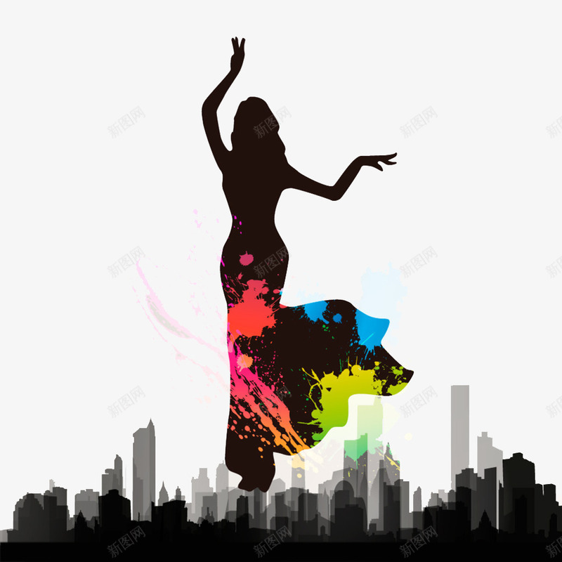城市上空的印度舞女郎png免抠素材_新图网 https://ixintu.com 剪影 印度舞 女郎 舞蹈 跳舞 长裙
