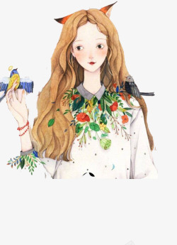 手绘美女与小鸟长发美女高清图片