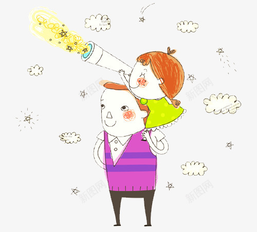 父女插画png免抠素材_新图网 https://ixintu.com 云朵 儿童 卡通 手绘 望远镜 漫画 父亲