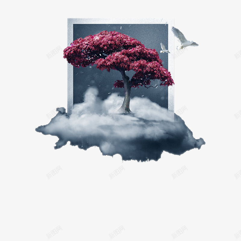 云端上的樱花树装饰图案png免抠素材_新图网 https://ixintu.com 云端 创意设计 和平鸽 樱花树 水彩