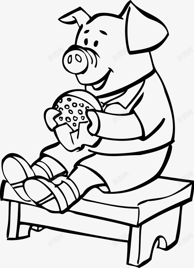 卡通手绘线条小猪吃东西psd免抠素材_新图网 https://ixintu.com 动物 手绘 线条 黑白