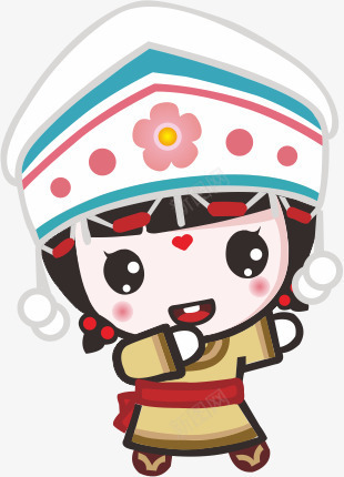 民族卡通小女孩png免抠素材_新图网 https://ixintu.com 爱心 白帽子 粉色花朵 红色圆点
