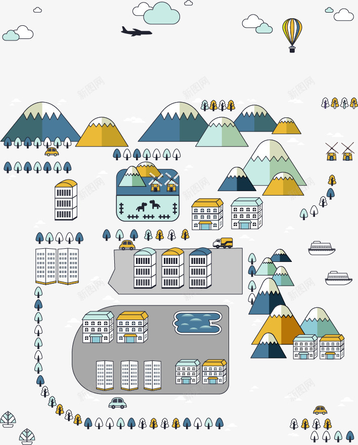 清新城市模型插画矢量图eps免抠素材_新图网 https://ixintu.com 云朵 城市 建筑 飞机 矢量图