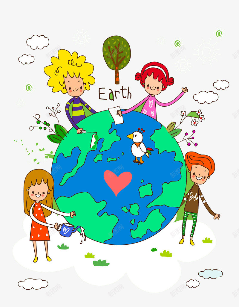 绿色地球png免抠素材_新图网 https://ixintu.com 卡通 卷发 地球 手绘 树木 爱心 白云 白鸽 花朵
