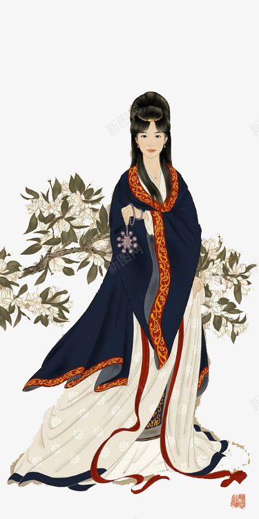 手绘美女png免抠素材_新图网 https://ixintu.com 古代女人 古装 树枝 画像 花朵