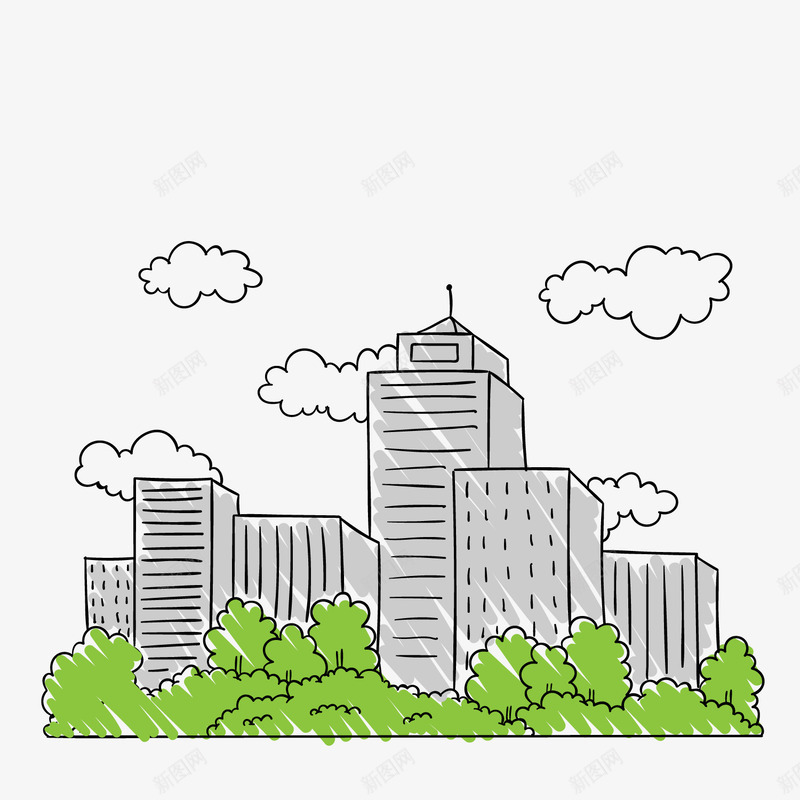 彩绘城市楼群建筑png免抠素材_新图网 https://ixintu.com 城市建筑 手绘房子 绿色树木 高楼大厦