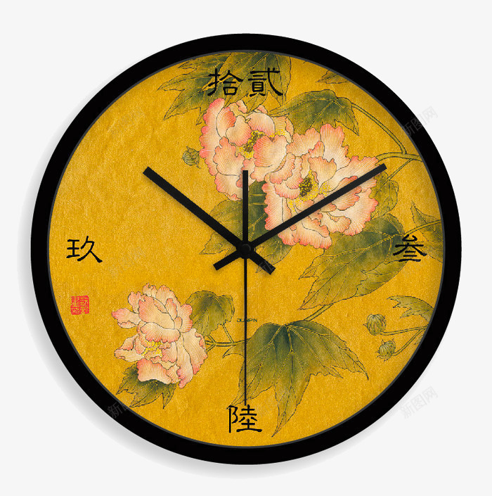 中国风时钟psd免抠素材_新图网 https://ixintu.com 中国风 可爱 复古 时钟 牡丹花 花卉 花朵 钟表 黄色