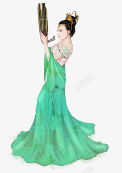 吹笙吹笙的绿衣美女古风手绘高清图片
