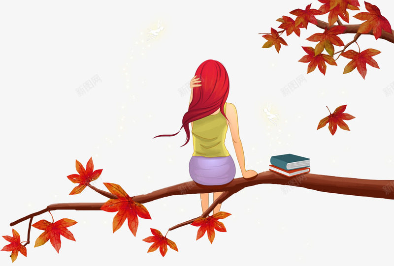 坐在树上的女孩png免抠素材_新图网 https://ixintu.com 书本 卡通手绘 坐在树上 女孩 树枝 背影