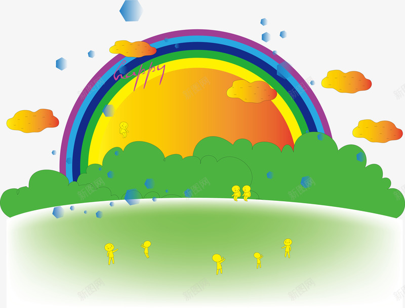 创意儿童画png免抠素材_新图网 https://ixintu.com 云朵 卡通 彩虹 散步的人 绿树