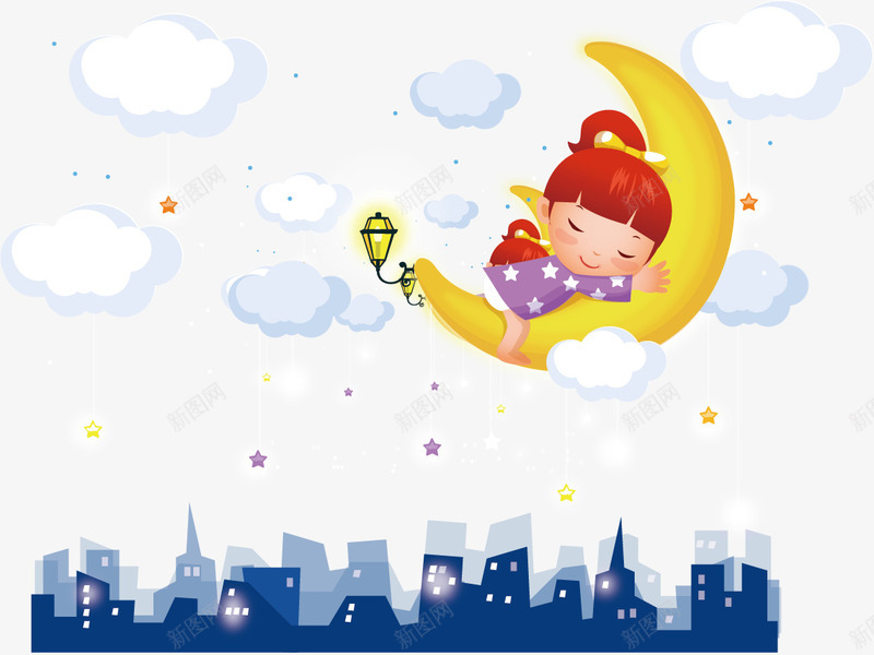 睡在月亮上的女孩png免抠素材_新图网 https://ixintu.com 云朵 城市 夜晚 女孩 星星 月亮