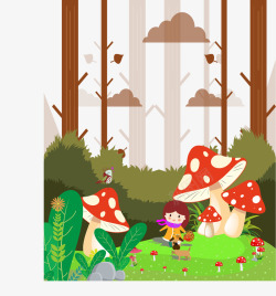 红色蘑菇屋彩绘树林里的女孩矢量图高清图片