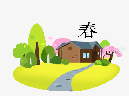 风景春png免抠素材_新图网 https://ixintu.com 嫩黄草坪 春 樱花 绿色树木