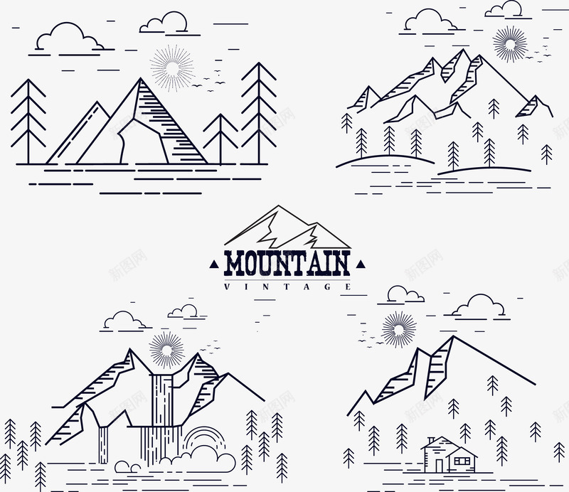 手绘大山小树矢量图ai免抠素材_新图网 https://ixintu.com 大山 太阳 小树 房屋 手绘 树枝 白云 黑色 矢量图