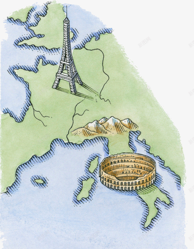 欧洲著名城市地图png免抠素材_新图网 https://ixintu.com 巴黎铁塔 意大利地图 手绘地图 欧洲 著名城市