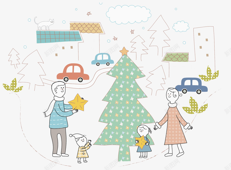 欢乐圣诞节png免抠素材_新图网 https://ixintu.com 卡通 圣诞树 家人 房屋 手绘 星星 枫叶 欢乐 汽车 白云