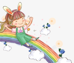 云彩上的小孩可爱卡通彩虹上的小女孩高清图片