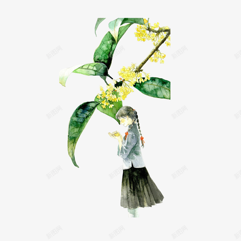 桂花树下的女孩png免抠素材_新图网 https://ixintu.com 手绘 插画 植物 花卉