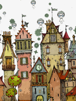 欧美风创意插画小镇建筑素材