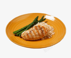 橙色料理简洁橙色盘子装着的烤鸡胸肉和米高清图片