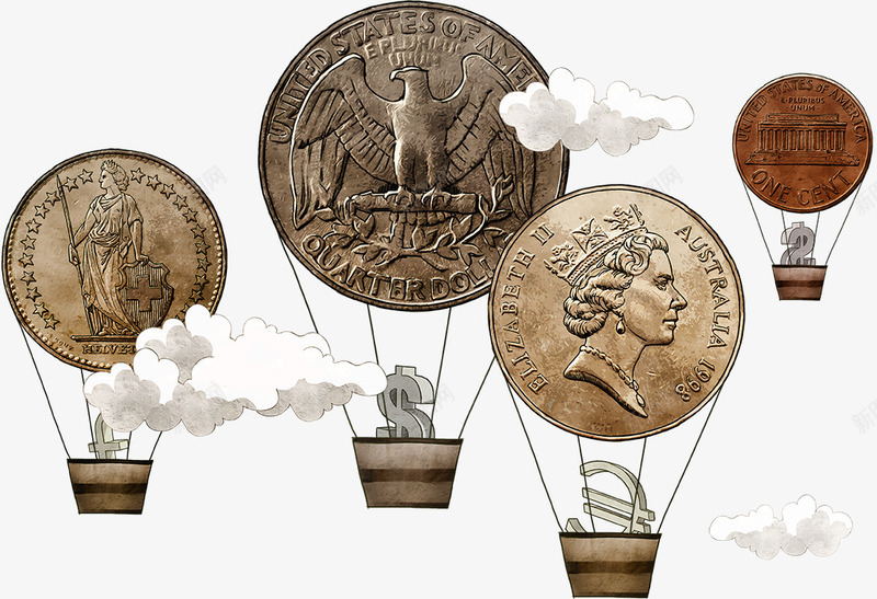 商务金融硬币psd免抠素材_新图网 https://ixintu.com 创意热气球 卡通硬币 商务金融 热气球 白云 硬币