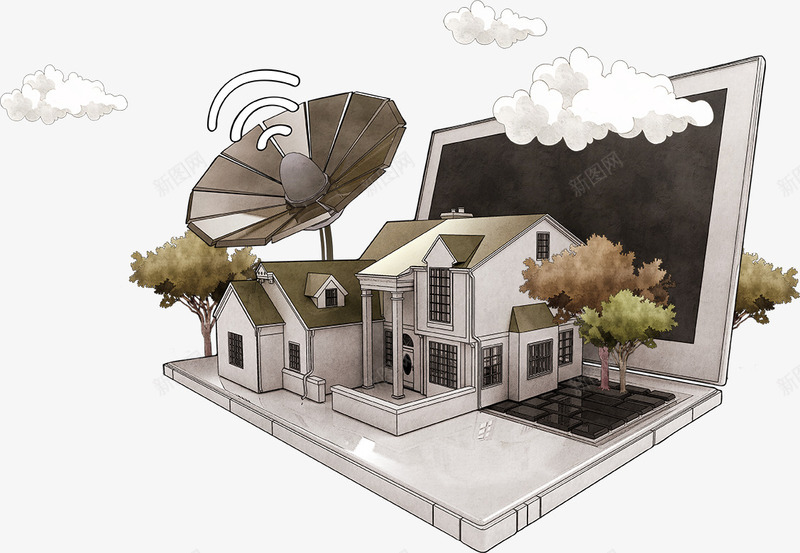 网络信息科技png免抠素材_新图网 https://ixintu.com 信号 信息科技 建筑 房屋 电脑 白云 网络