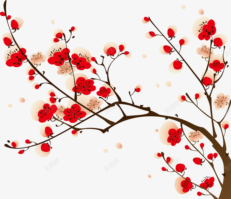 红色和白色的梅花矢量图eps免抠素材_新图网 https://ixintu.com 树枝 梅花 植物 植物png 植物矢量图 矢量图