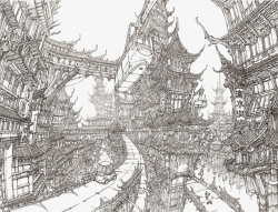 中国风剪影中国风建筑城市线稿高清图片