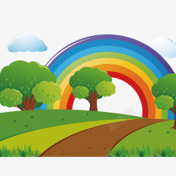 手绘彩云彩色彩虹山路树木矢量图高清图片