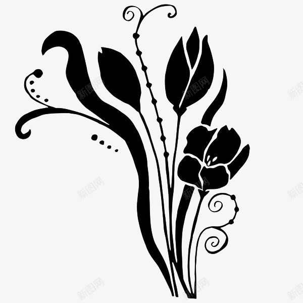 黑色手绘花卉图标png_新图网 https://ixintu.com 叶子 植物 线描花矢量图 线条手绘 花卉 藤蔓 黑色花卉