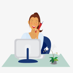 坐在电脑前坐在电脑前打电话的美女矢量图高清图片