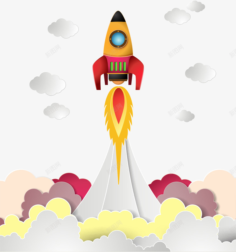 火箭和白云png免抠素材_新图网 https://ixintu.com 卡通火箭 火箭 白云 矢量火箭 飞行