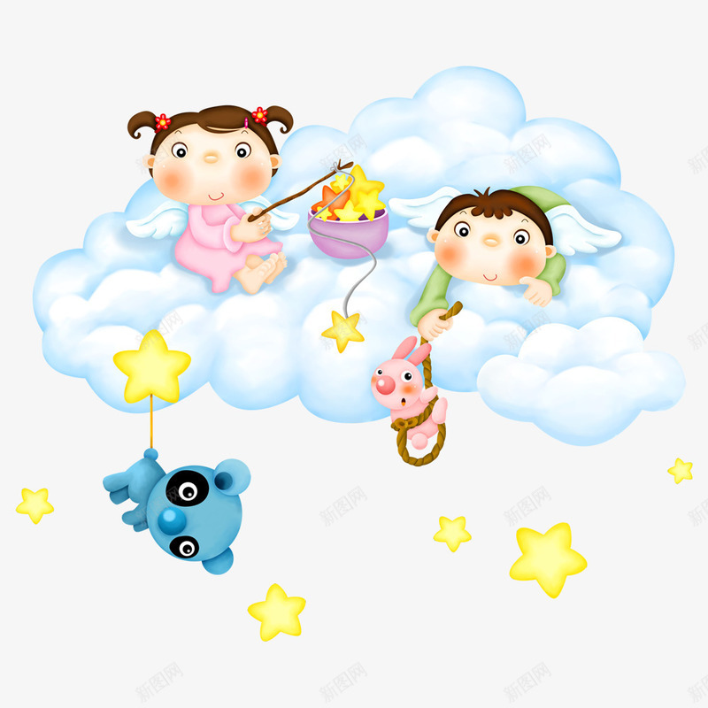 卡通云朵上钓星星的儿童psd免抠素材_新图网 https://ixintu.com 云朵 人物设计 儿童节 创意 卡通 插画设计