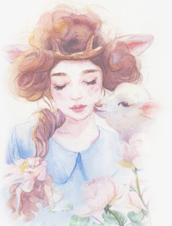 可爱手绘白色小羊美女人物素材