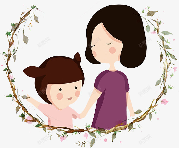 女孩和妈妈png免抠素材_新图网 https://ixintu.com 卡通 孩子 母亲 花环