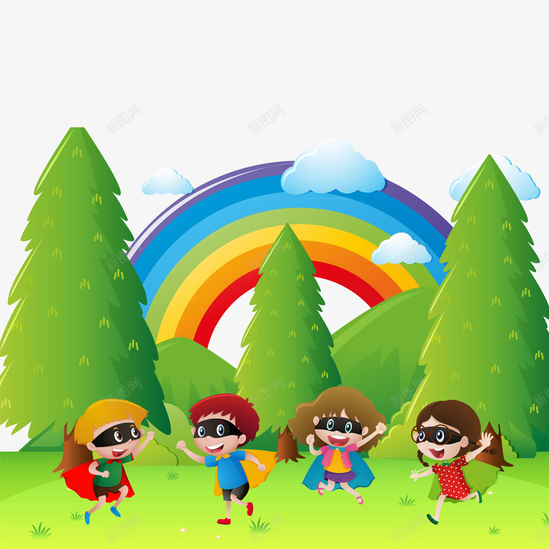 孩子们在草地上玩png免抠素材_新图网 https://ixintu.com 孩子 彩虹 树木 玩耍 白云 矢量插画 青山