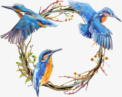枝条圆环水彩蓝色小鸟和花环高清图片